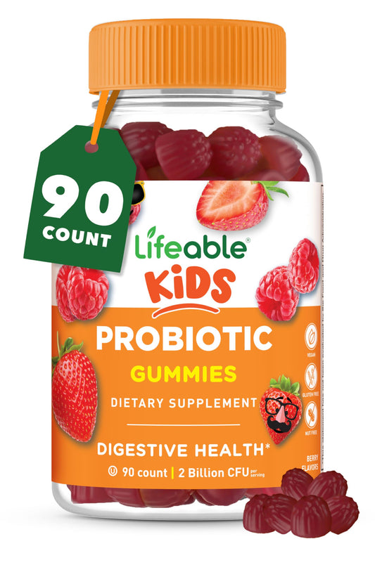 Front view of Lifeable Kids Probiotics Gummies bottle (90-count) raspberry flavor