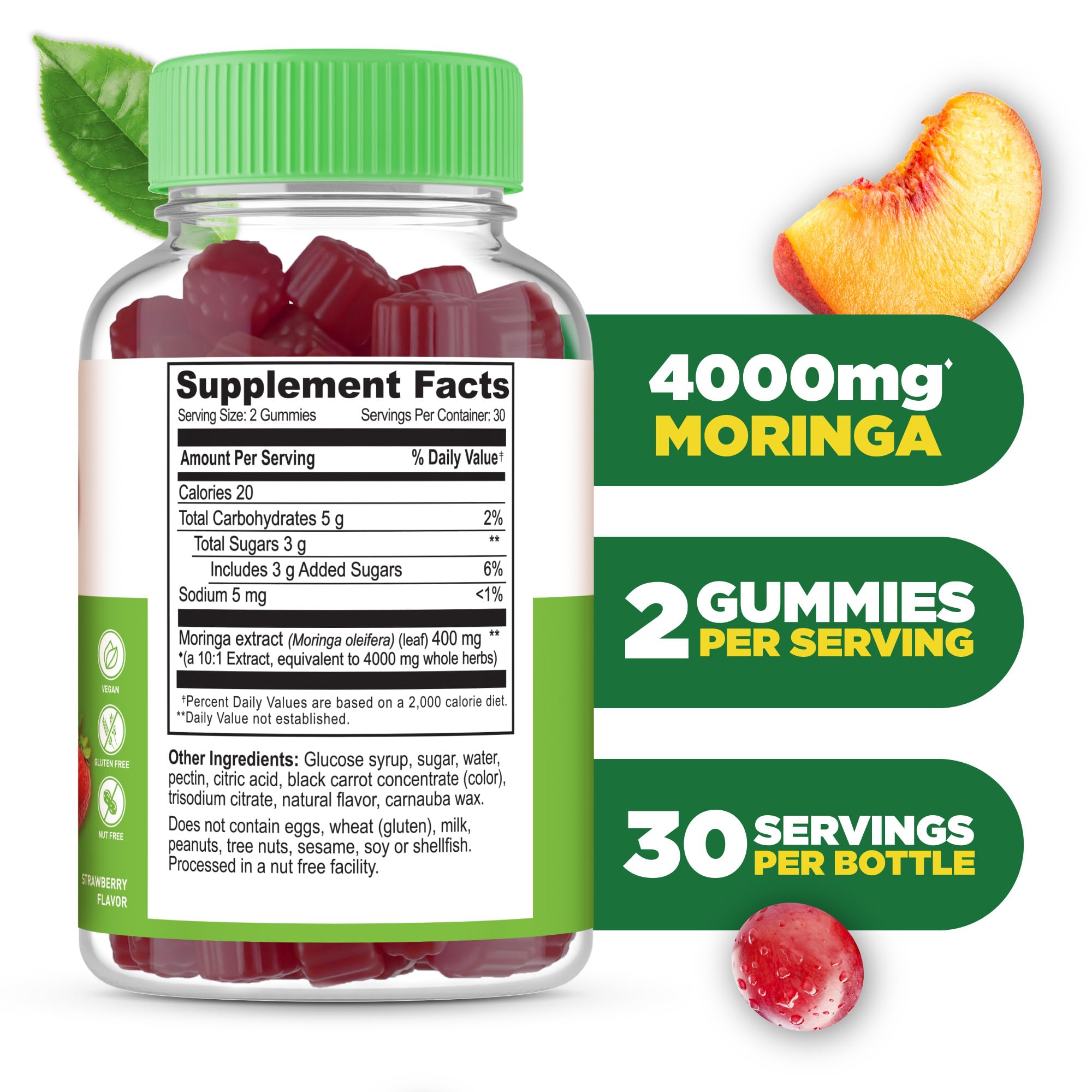 Two moringa gummies showing strawberry flavor
