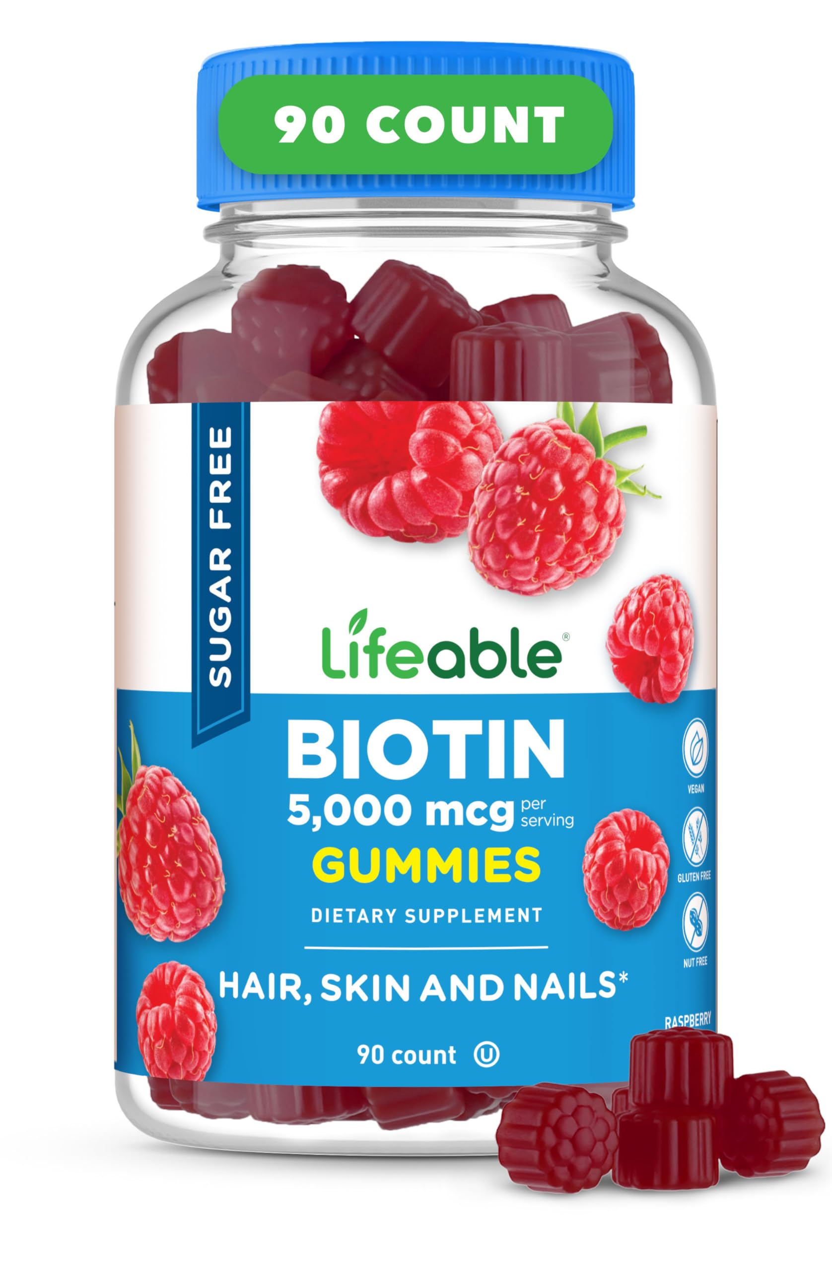 Front view of Lifeable Sugar Free Biotin Gummies bottle with raspberry flavor