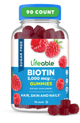 Front view of Lifeable Sugar Free Biotin Gummies bottle with raspberry flavor