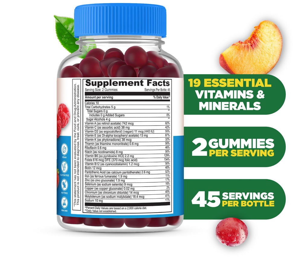 Label showing vitamins and minerals for Lifeable sugar-free men’s multivitamin gummies