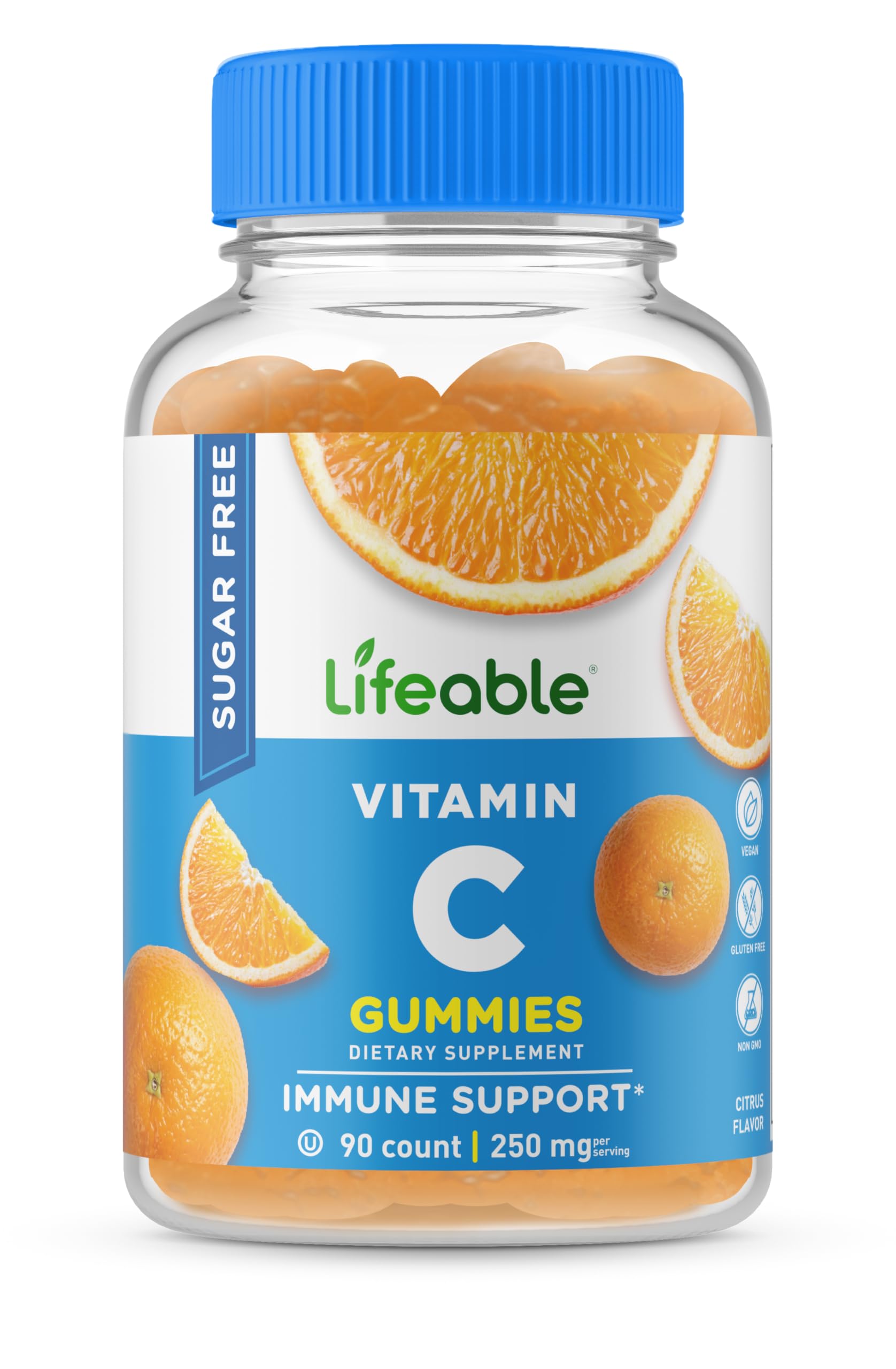 Front view of Lifeable Sugar Free Vitamin C gummies bottle with orange flavor