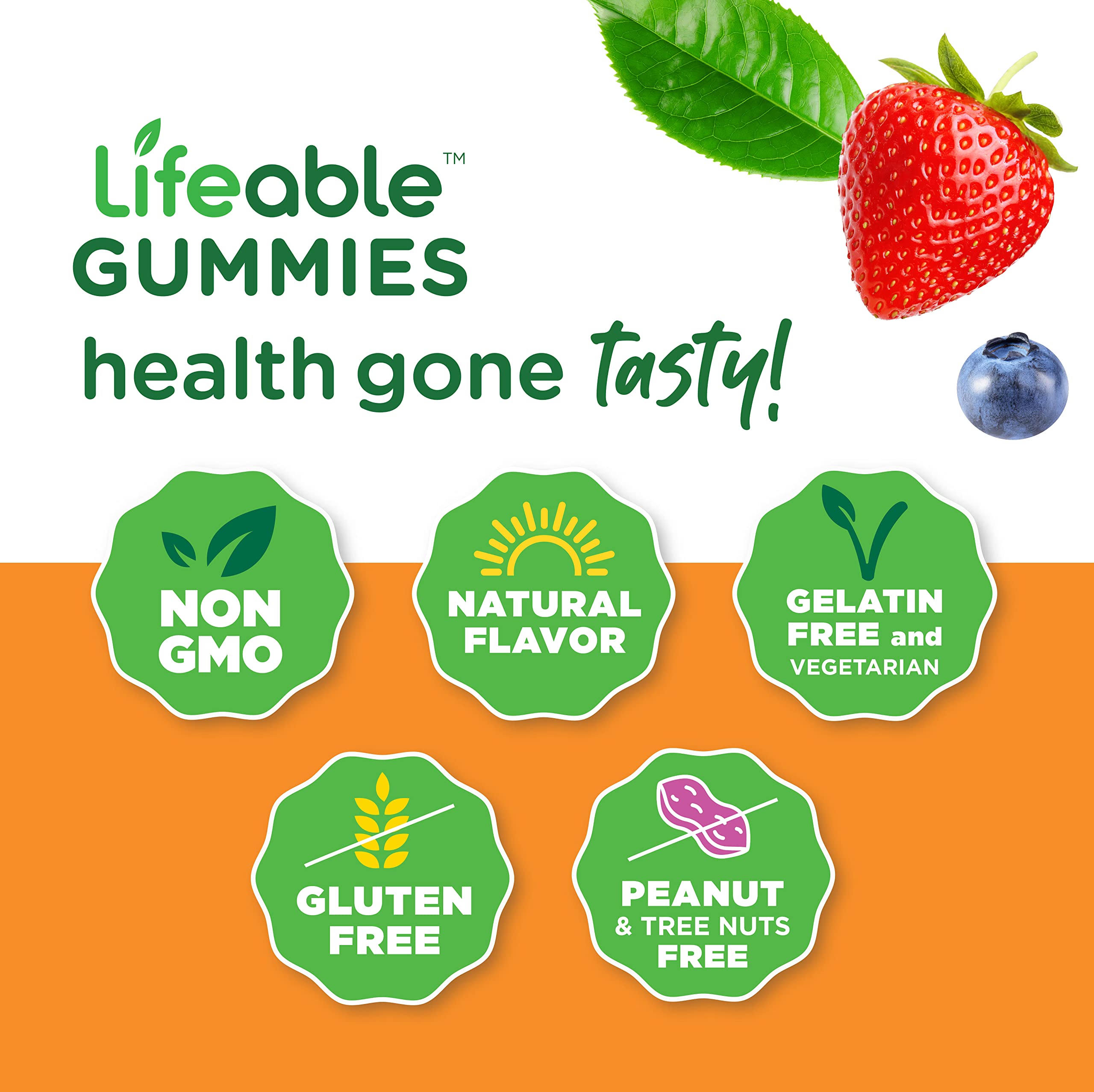 Lifeable two gummies per day with serving guidance for adults and kids 2+.