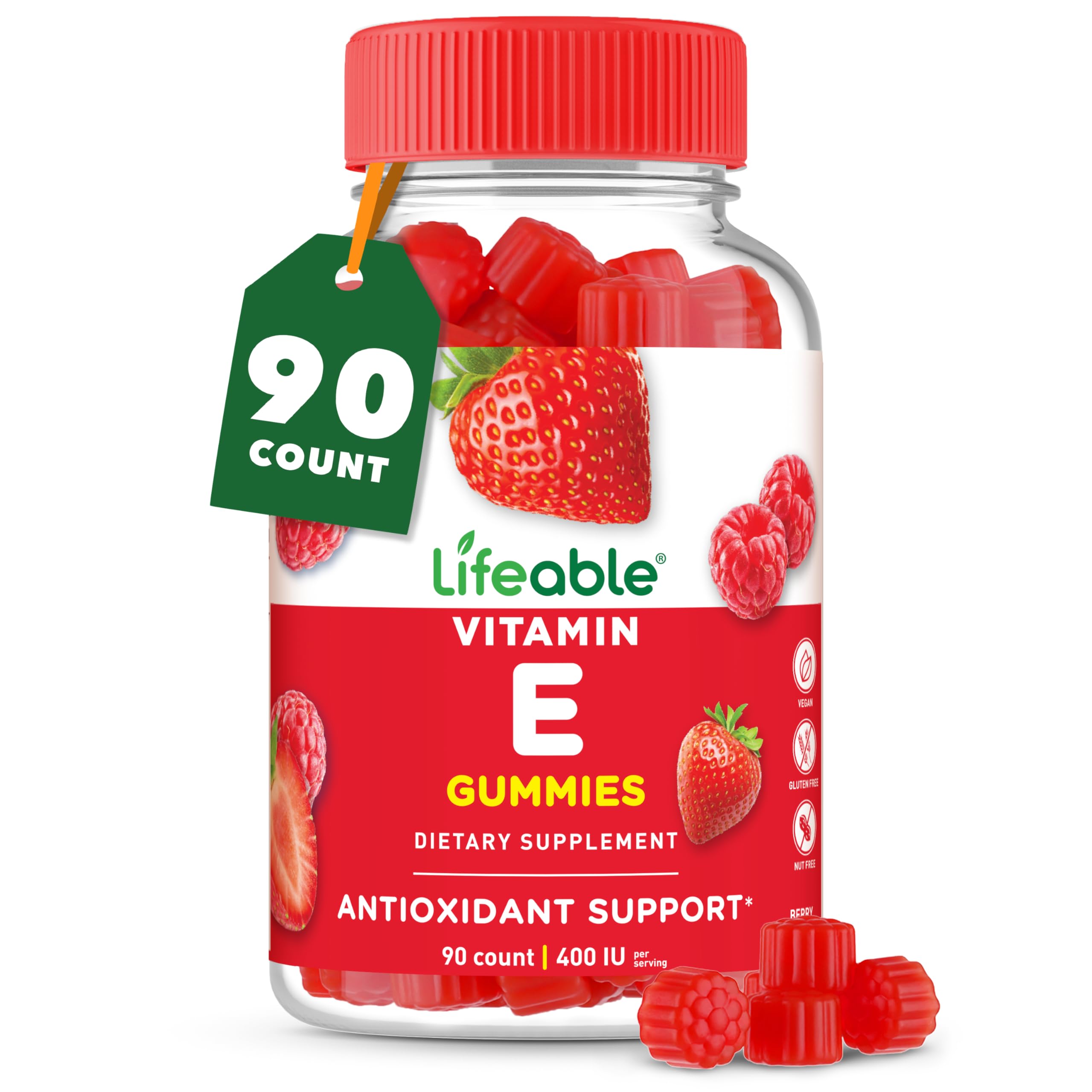 Lifeable Vitamin E Gummies bottle labeled 400 IU with berry flavor