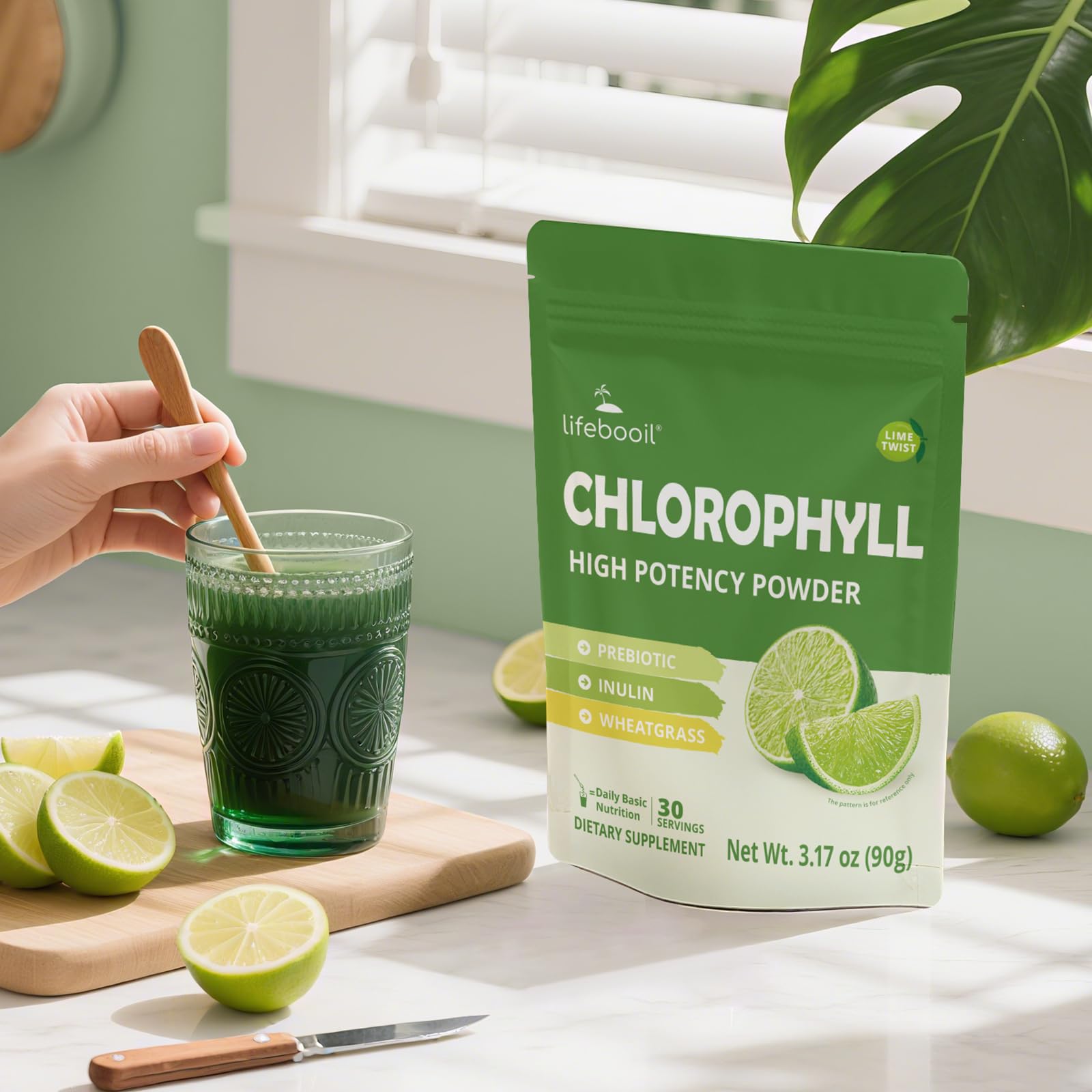 Glass of vibrant green chlorophyll drink