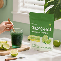 Glass of vibrant green chlorophyll drink