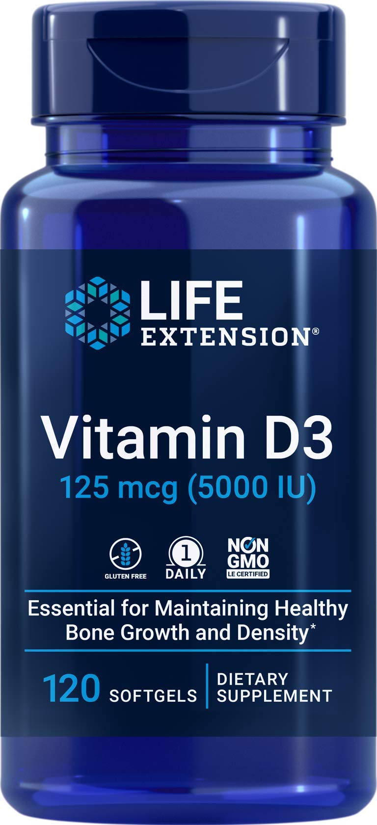 Life Extension Vitamin D3 bottle label showing 5000 IU (125 mcg) per softgel