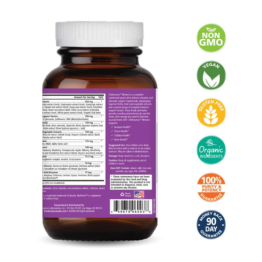 Close-up of LifeEssence Women's Formula bottle and tablets