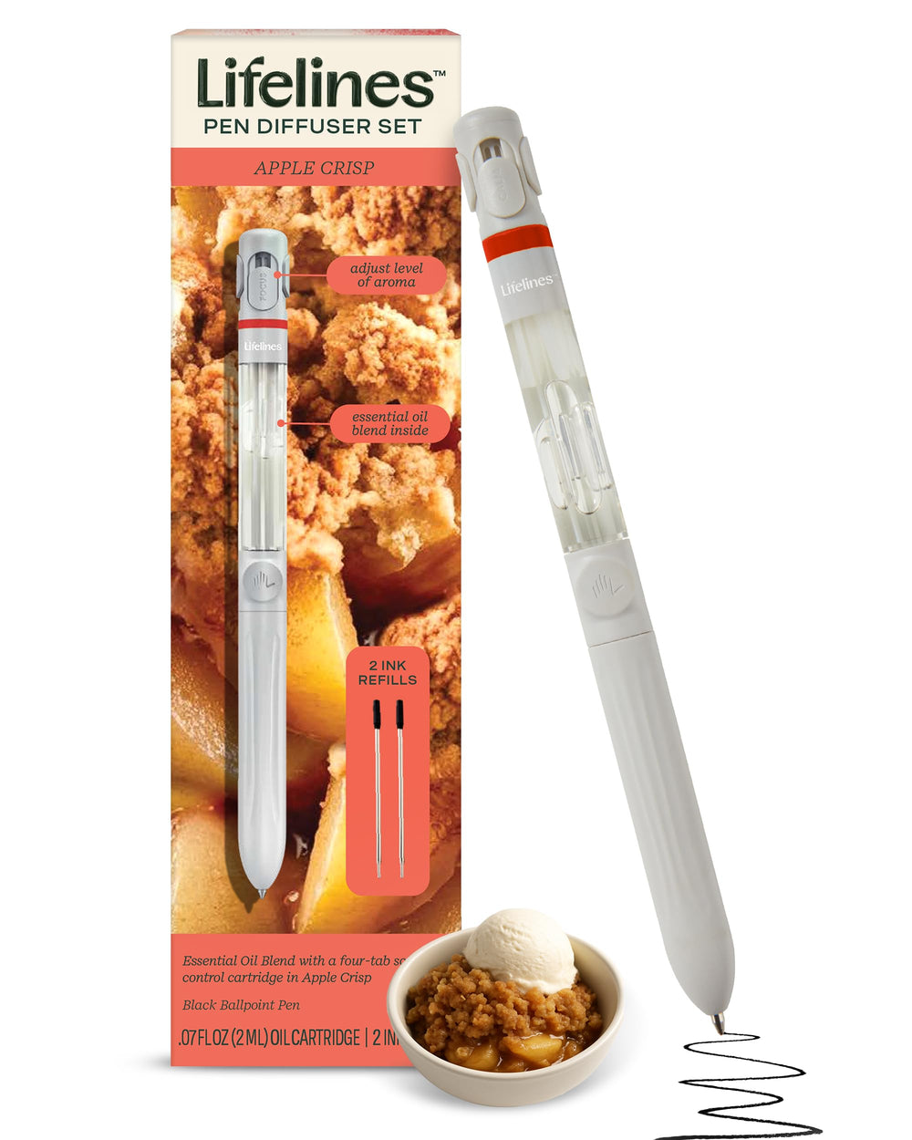Lifelines pen front view showing Apple Crisp scent and sleek body, adds mood boost