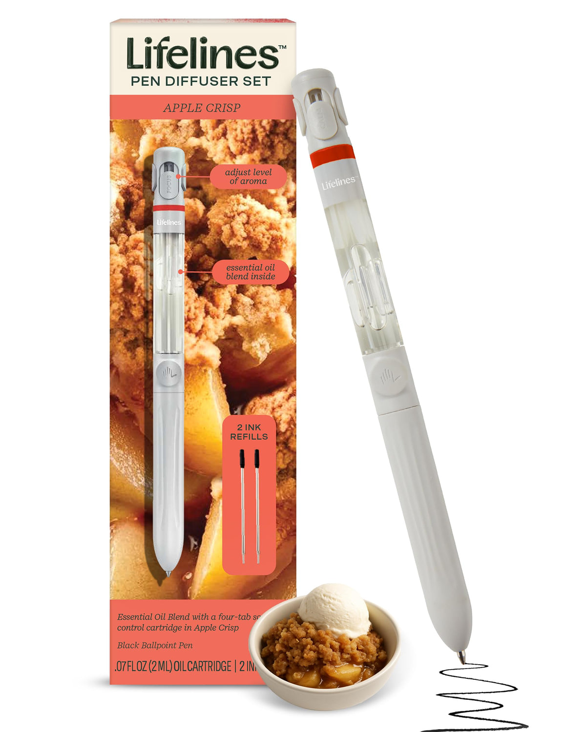 Lifelines pen front view showing Apple Crisp scent and sleek body, adds mood boost