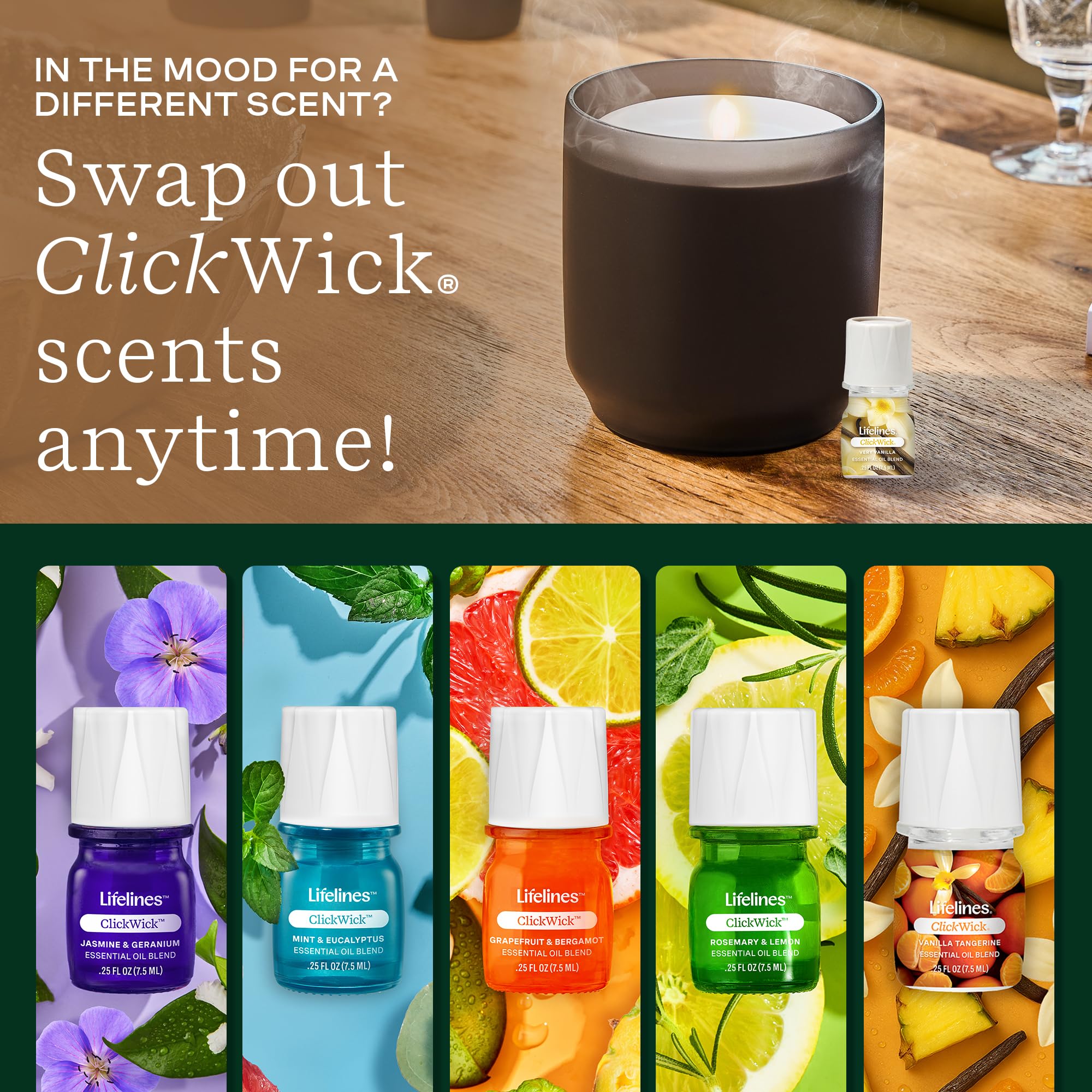 Diffuser showing Lifelines Candle, Plant, and Shower variants with vanilla scent