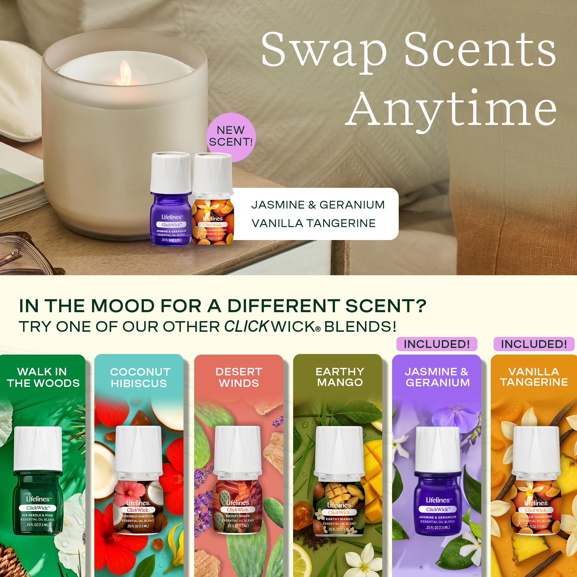 Diffuser accepting a ClickWick bottle to swap scents