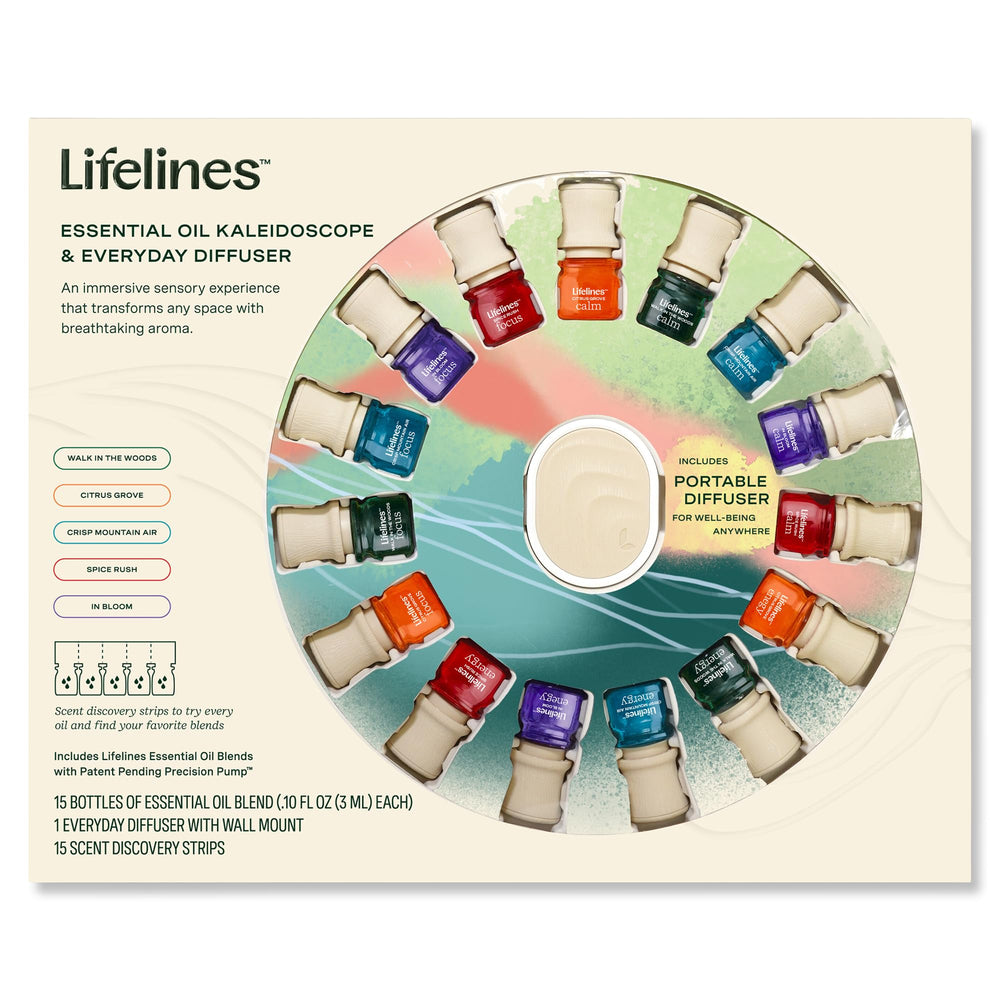 Lifelines 15-pack essential oil blends with Everyday Diffuser packaging