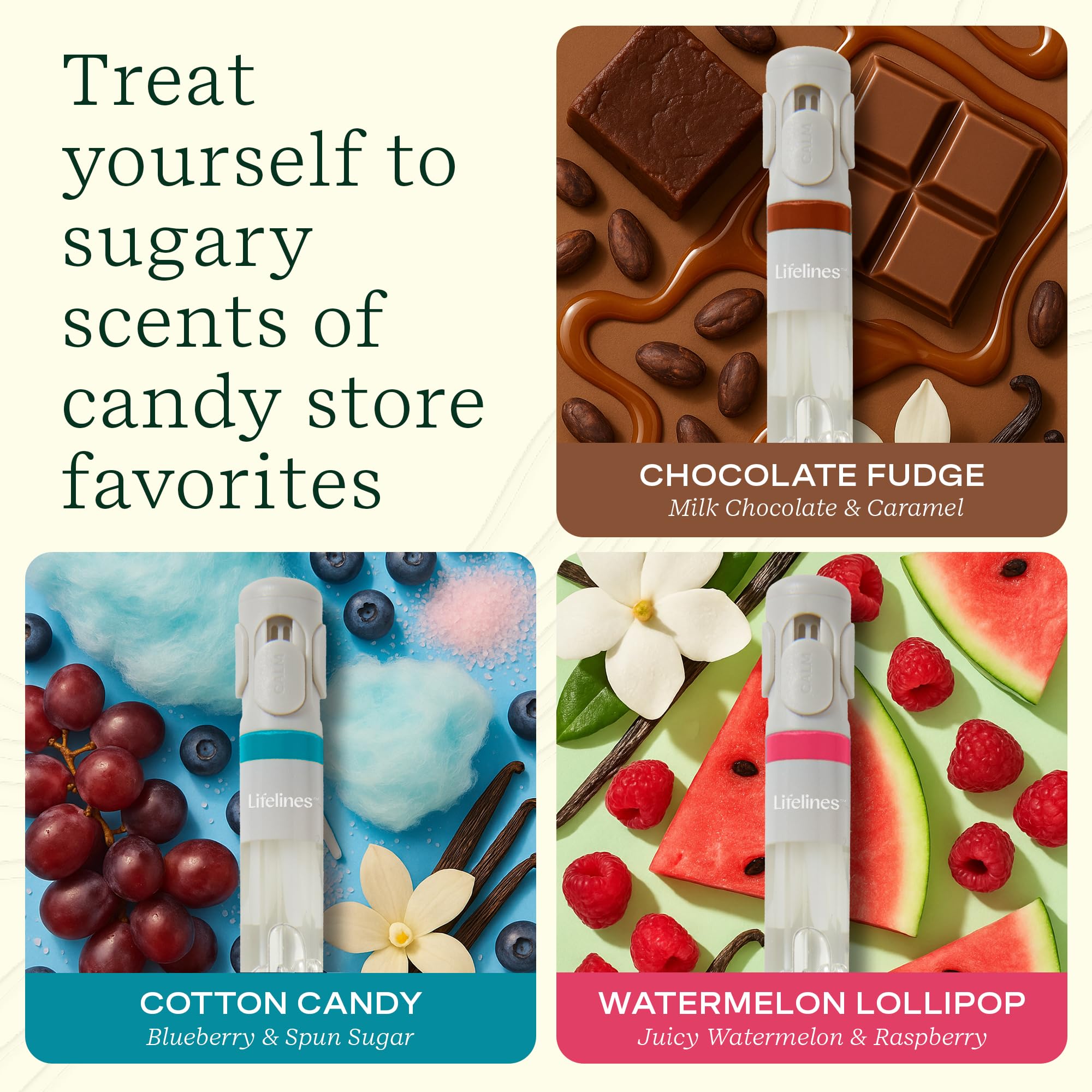 Three Lifelines diffusers emitting Chocolate Fudge, Cotton Candy, and Watermelon Lollipop scents while writing