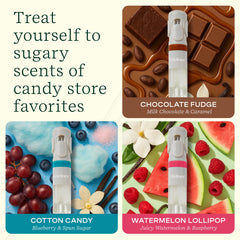 Three Lifelines diffusers emitting Chocolate Fudge, Cotton Candy, and Watermelon Lollipop scents while writing