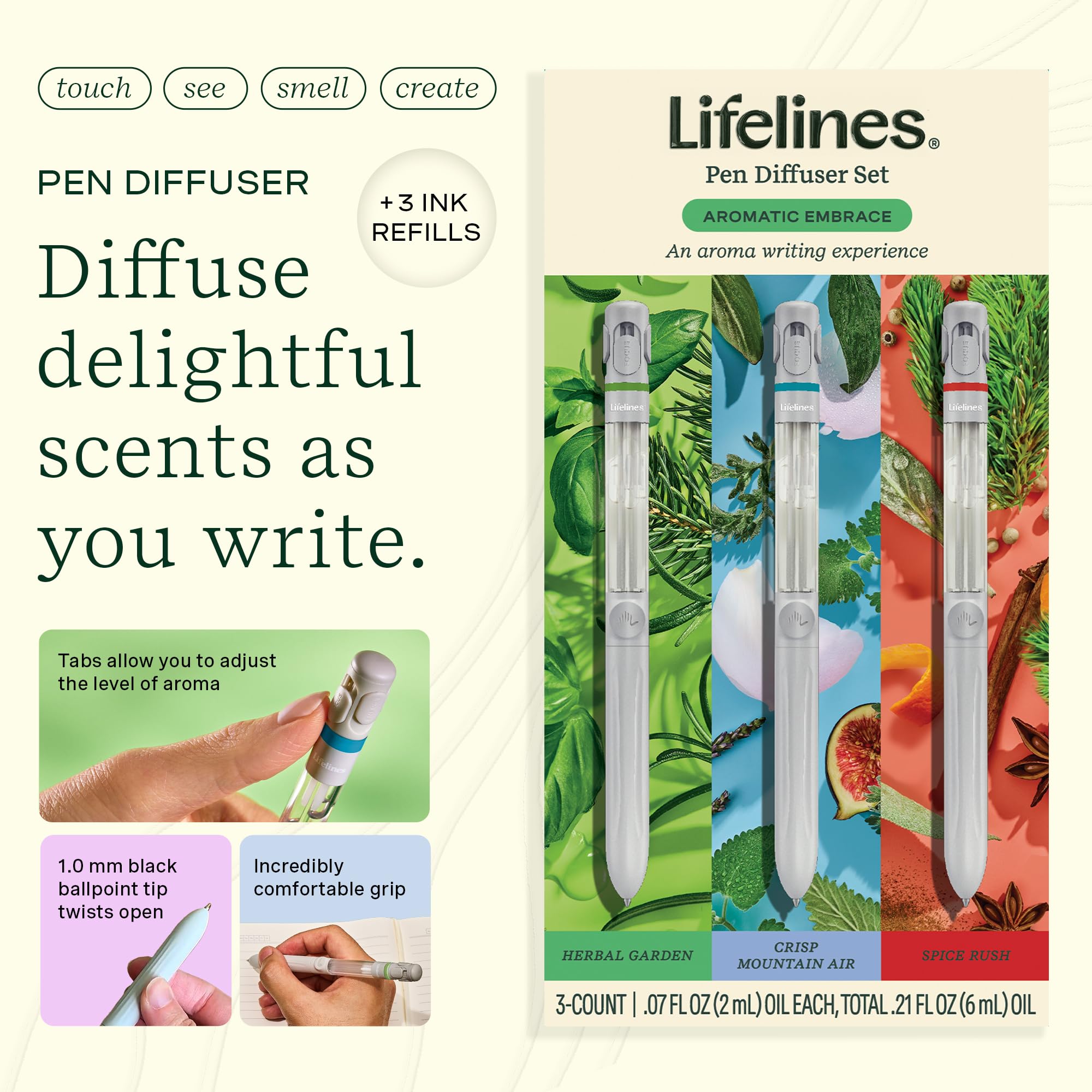 Close-up of Lifelines diffuser pen showing the 1.0 mm tip