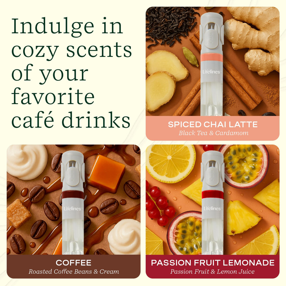 Coffeehouse aromas: Spiced Chai Latte, Passion Fruit Lemonade, and Coffee