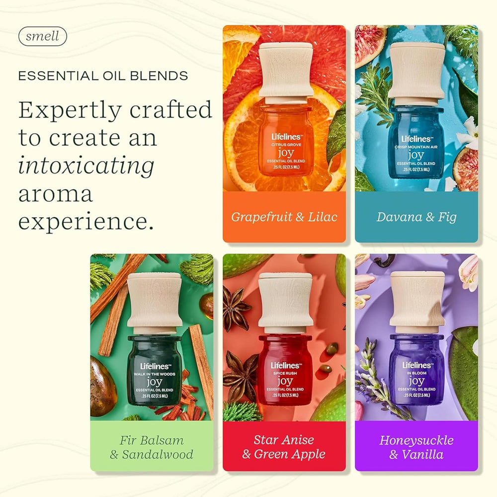 Bottles labeled with Joy blends in Lifelines Pure Joy 5-Pack