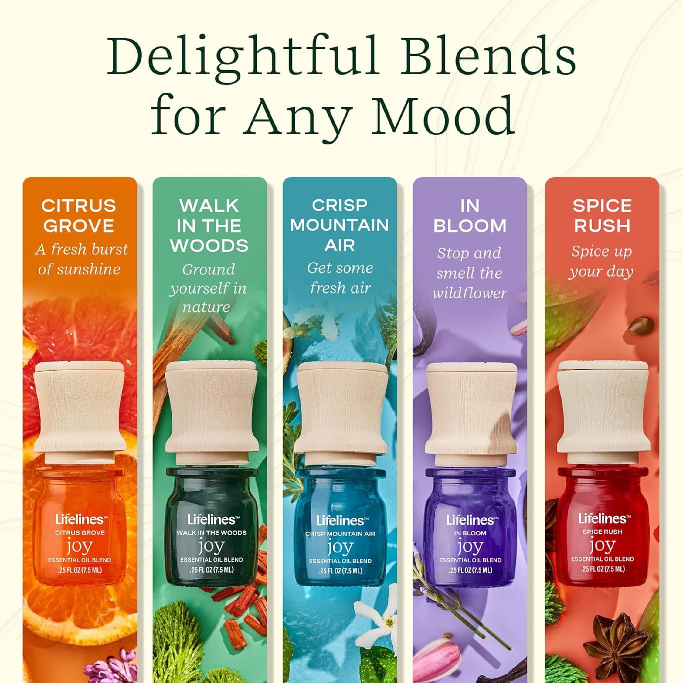 Lifelines Pure Joy 5-Pack bottles arranged for diffuser use