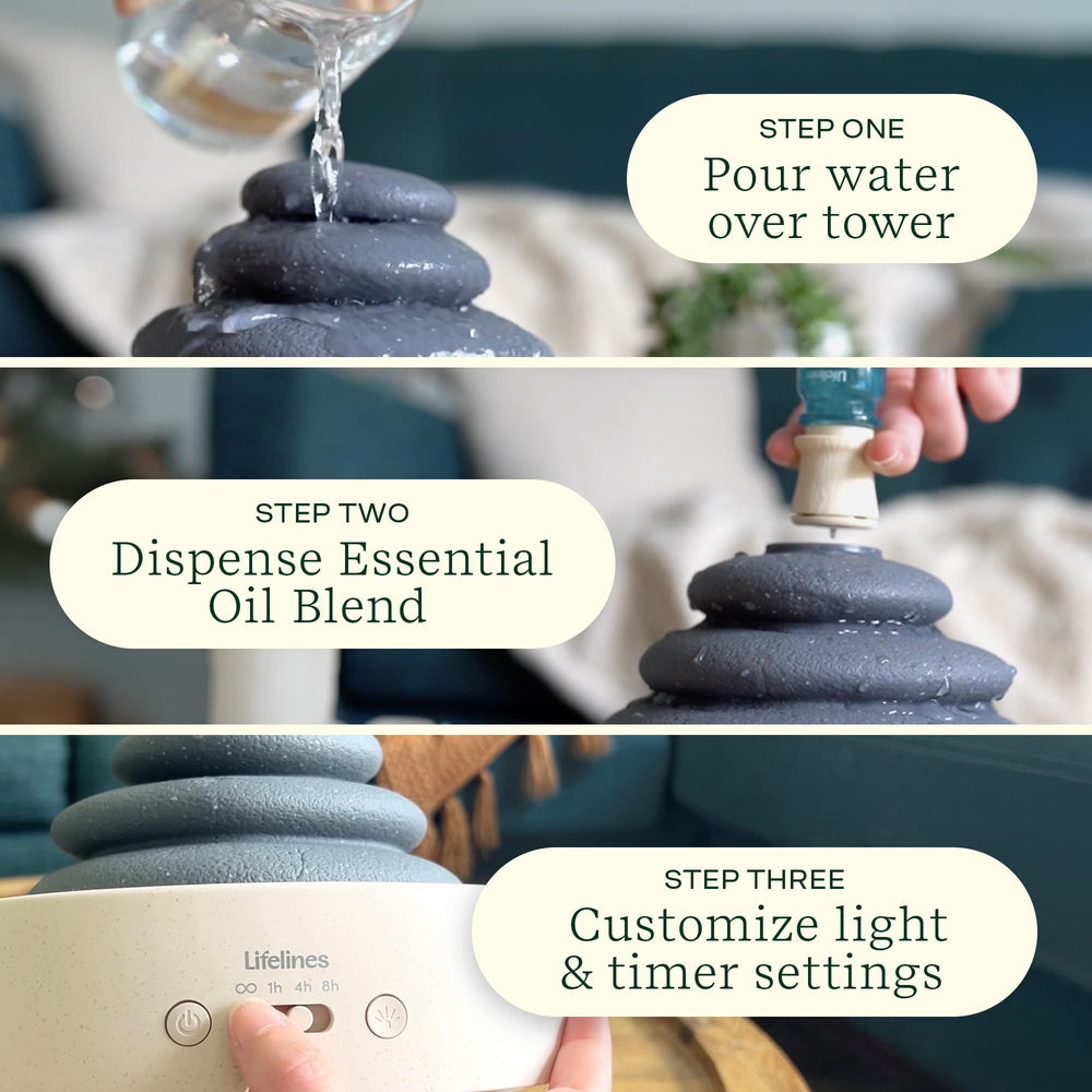 Diffuser releasing a calming mist with ambient light