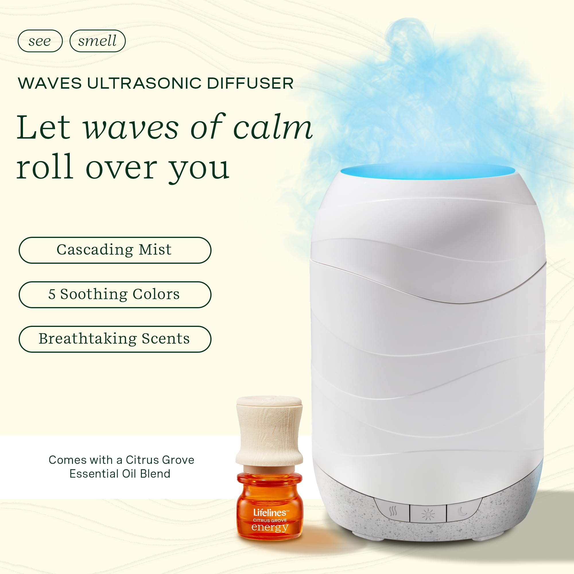 Close-up of diffuser displaying color-changing ambient lights