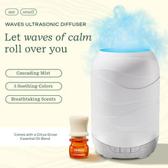 Close-up of diffuser displaying color-changing ambient lights