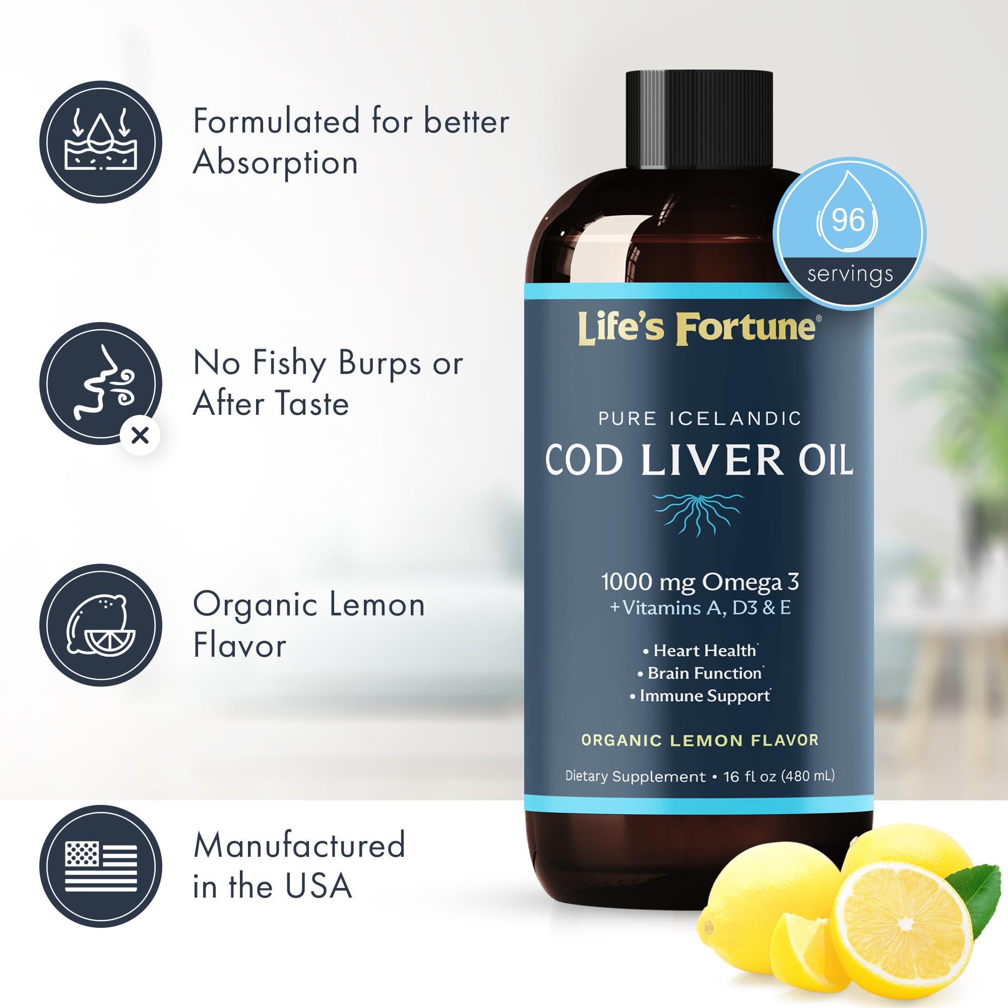 Ingredients and omega-3 content on cod liver oil packaging