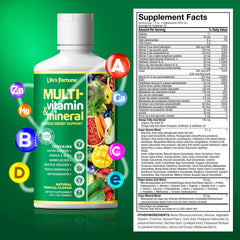 Lifestyle scene featuring Life's Fortune liquid multivitamin bottle