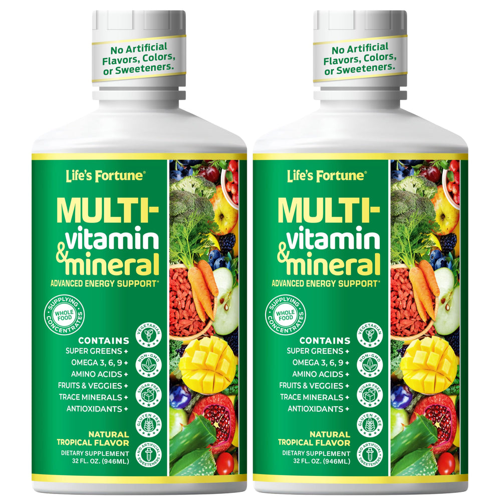 Life's Fortune liquid multivitamin bottle with tropical flavor supports daily energy.