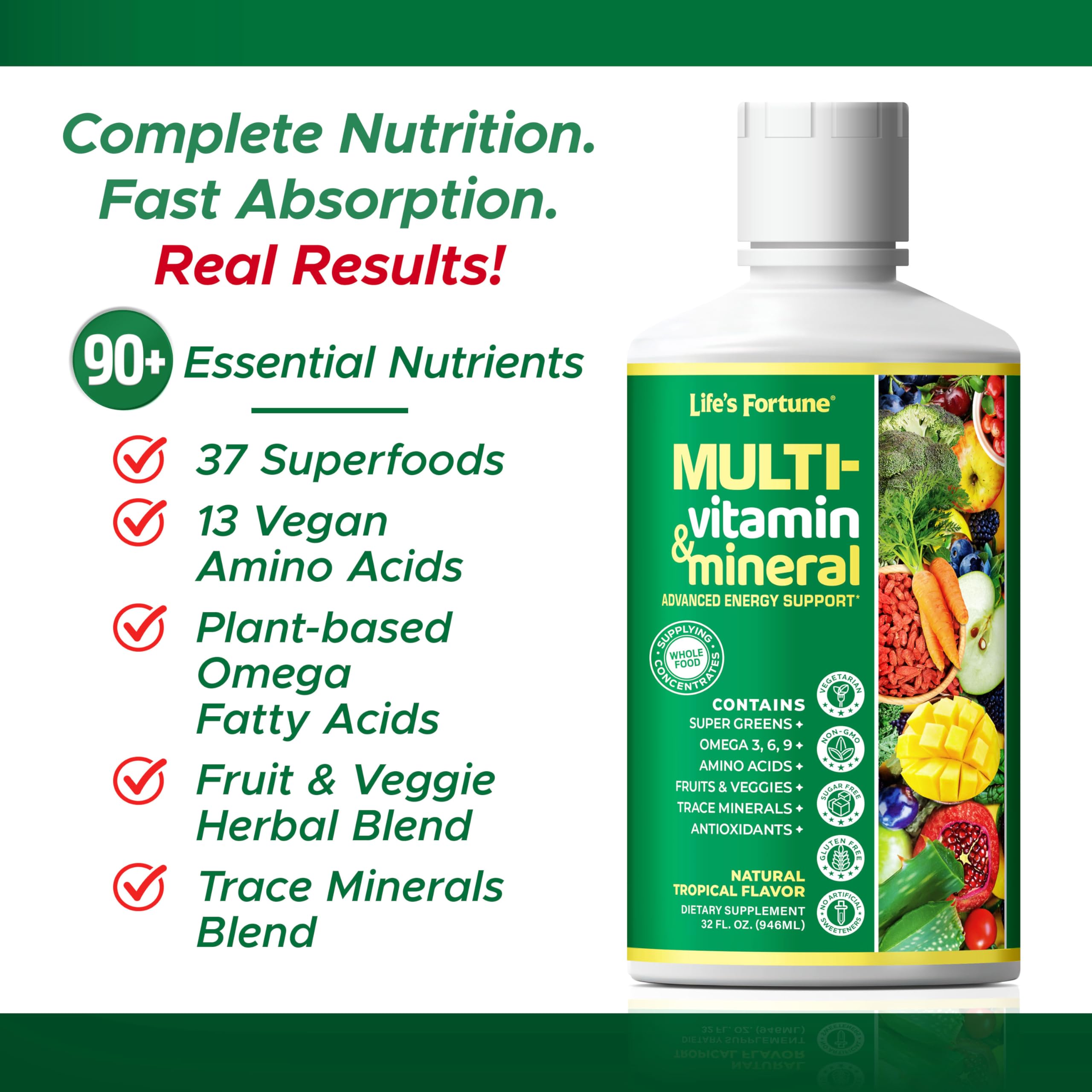 Life's Fortune daily dosage image emphasizes high absorption and consistent intake.
