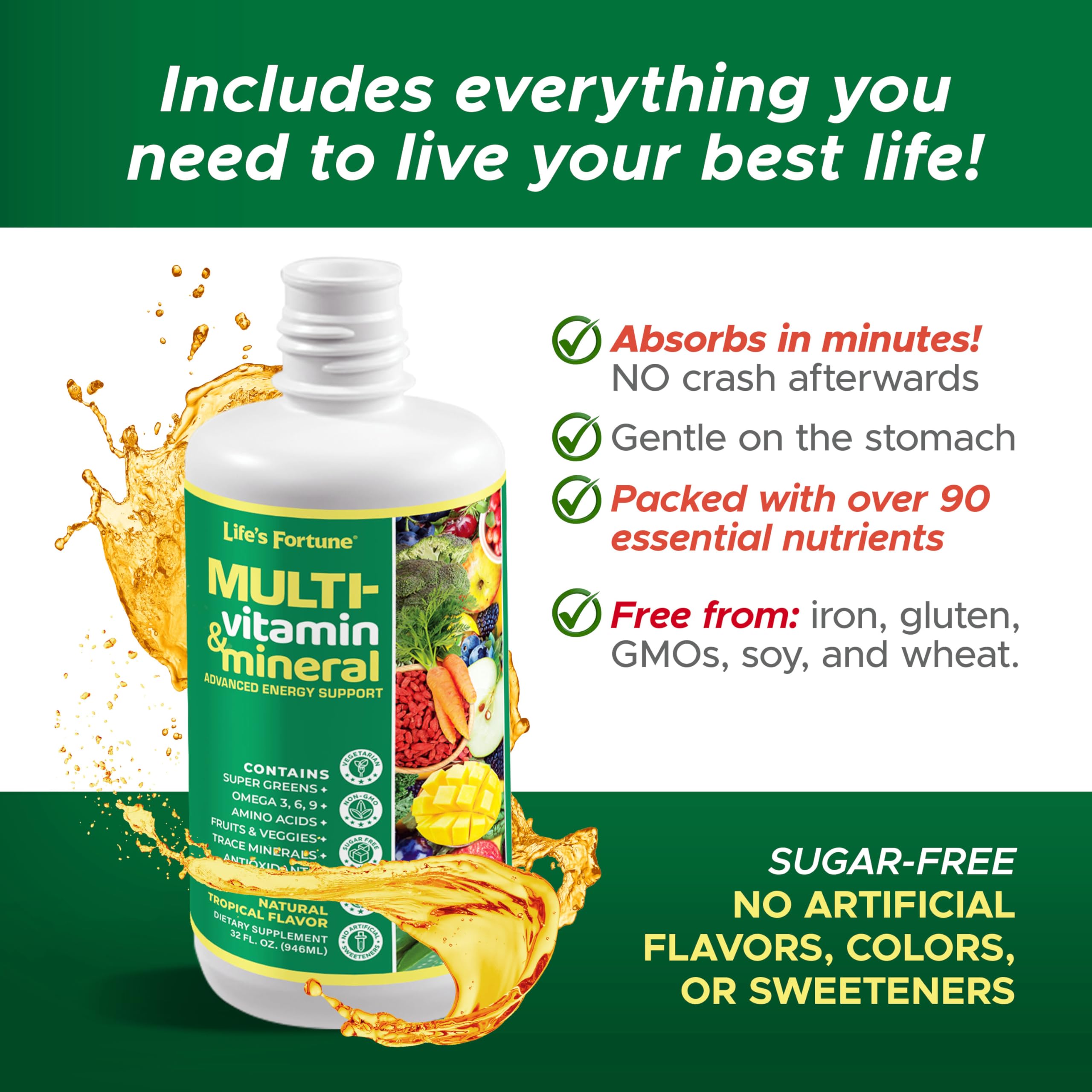 Life's Fortune label closeup highlights ingredients for daily nutrition and high absorption.