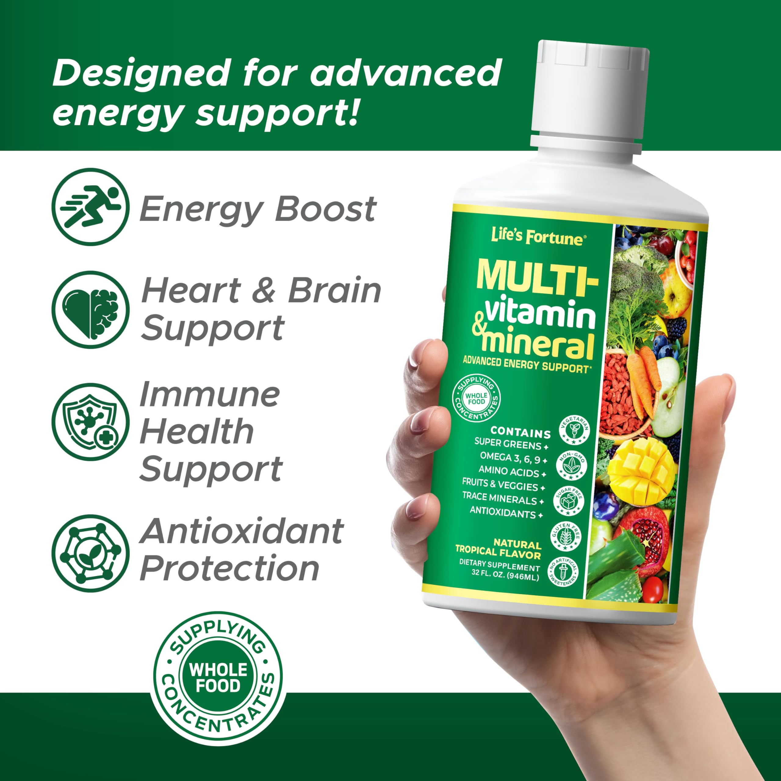Life's Fortune liquid multivitamin pours into a glass; immune support suggested.