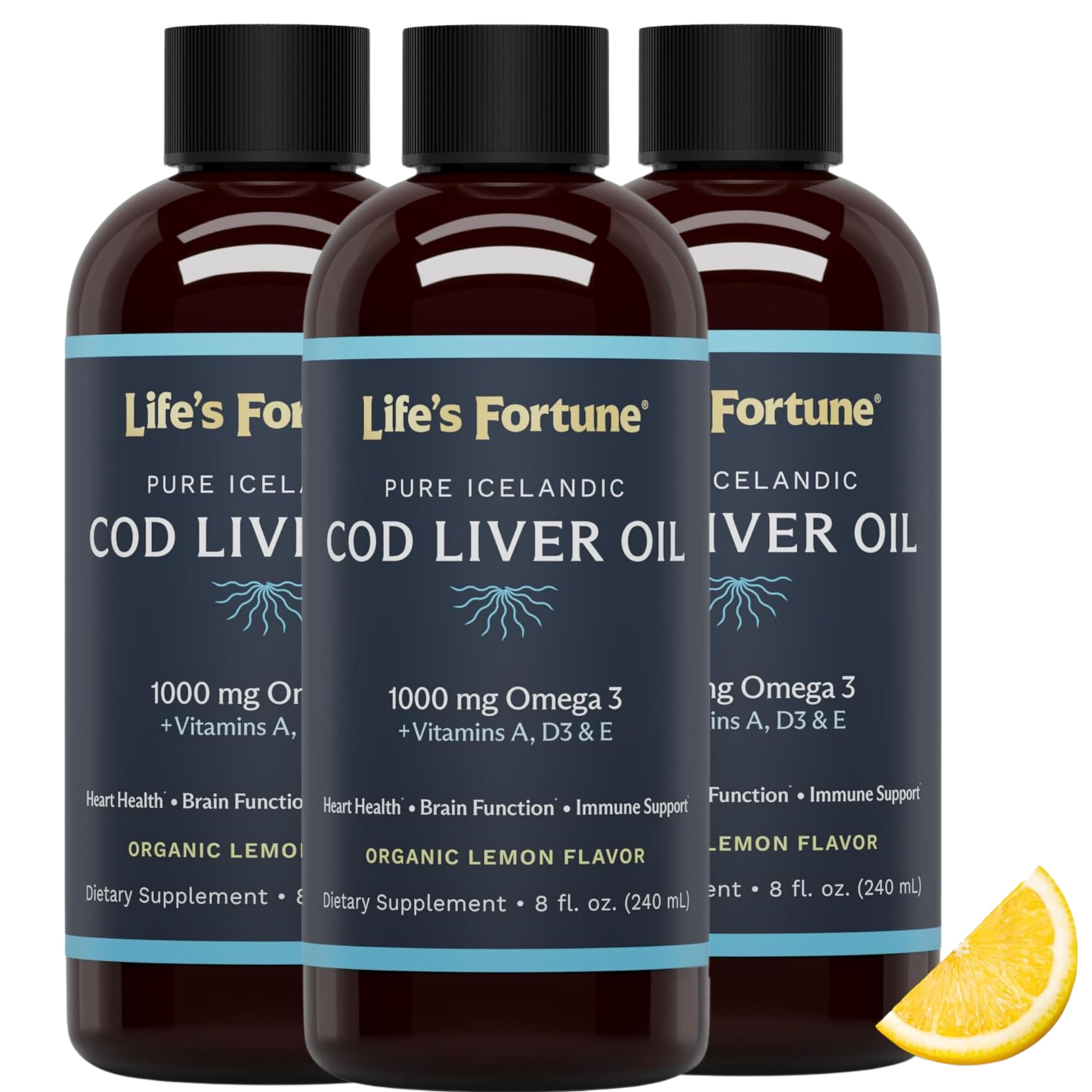 Front view of Life's Fortune Cod Liver Oil Lemon bottle 8 oz
