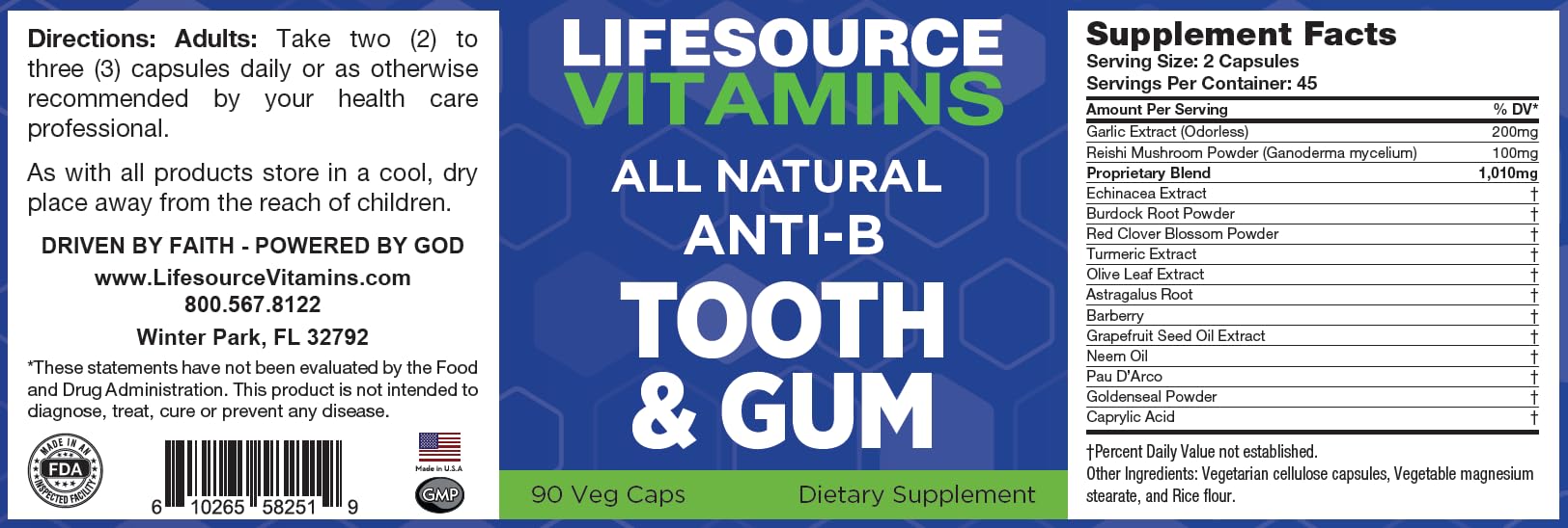 Close-up of LifeSourceVitamins Anti-B Tooth & Gum bottle