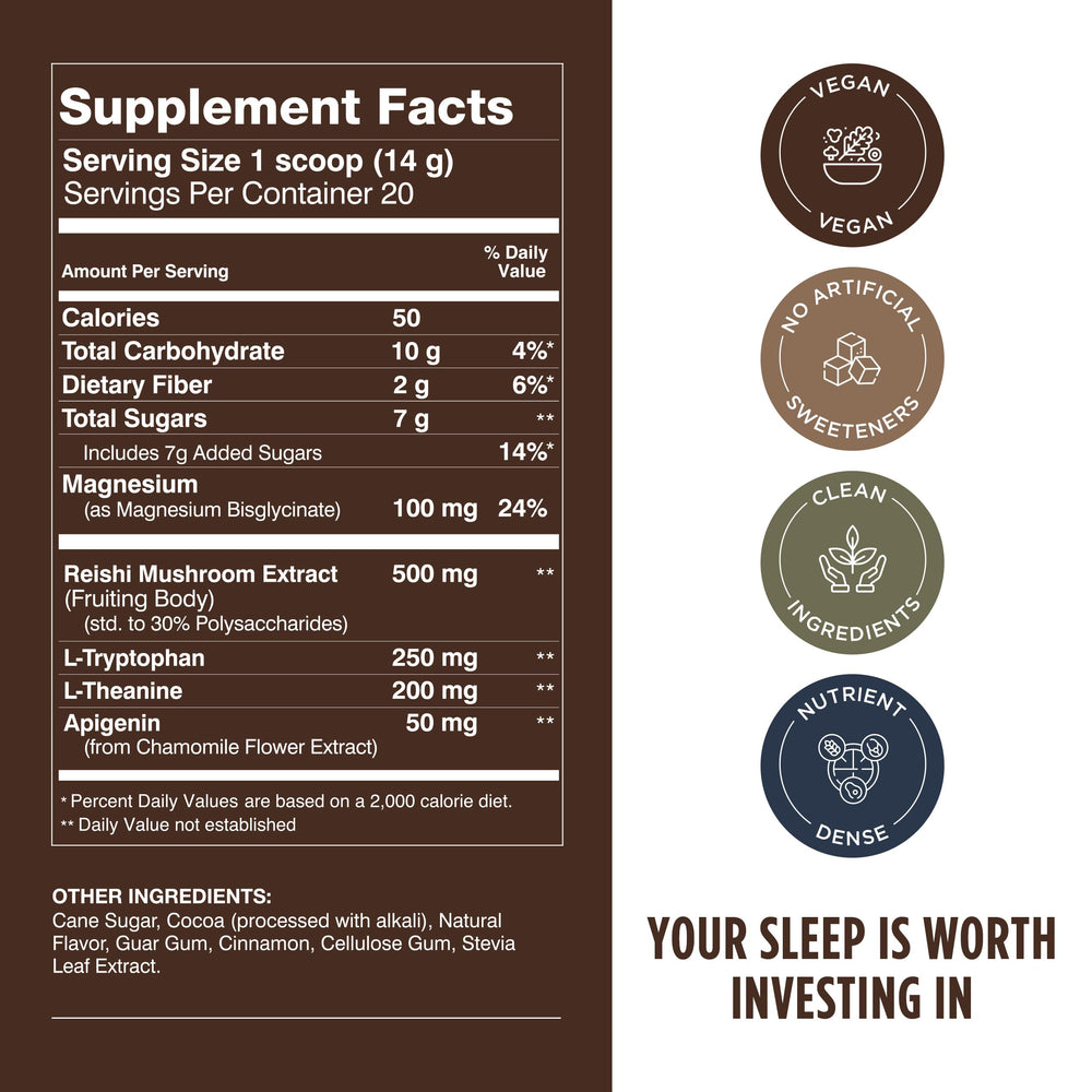 Cinnamon cocoa night-time drink mix ready to combine with plant-based milk or water