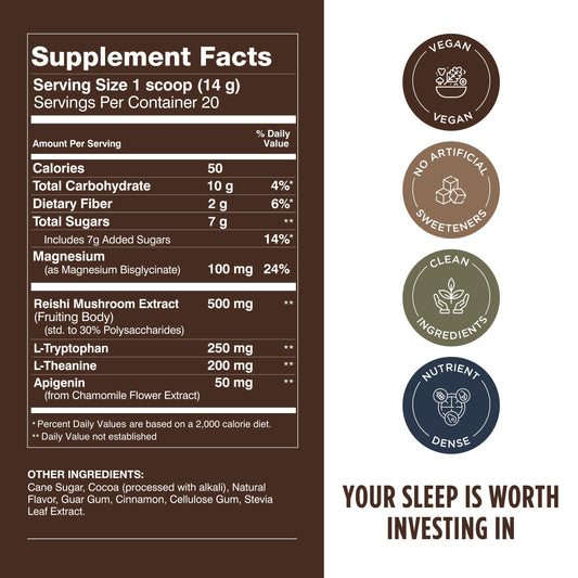Cinnamon cocoa night-time drink mix ready to combine with plant-based milk or water