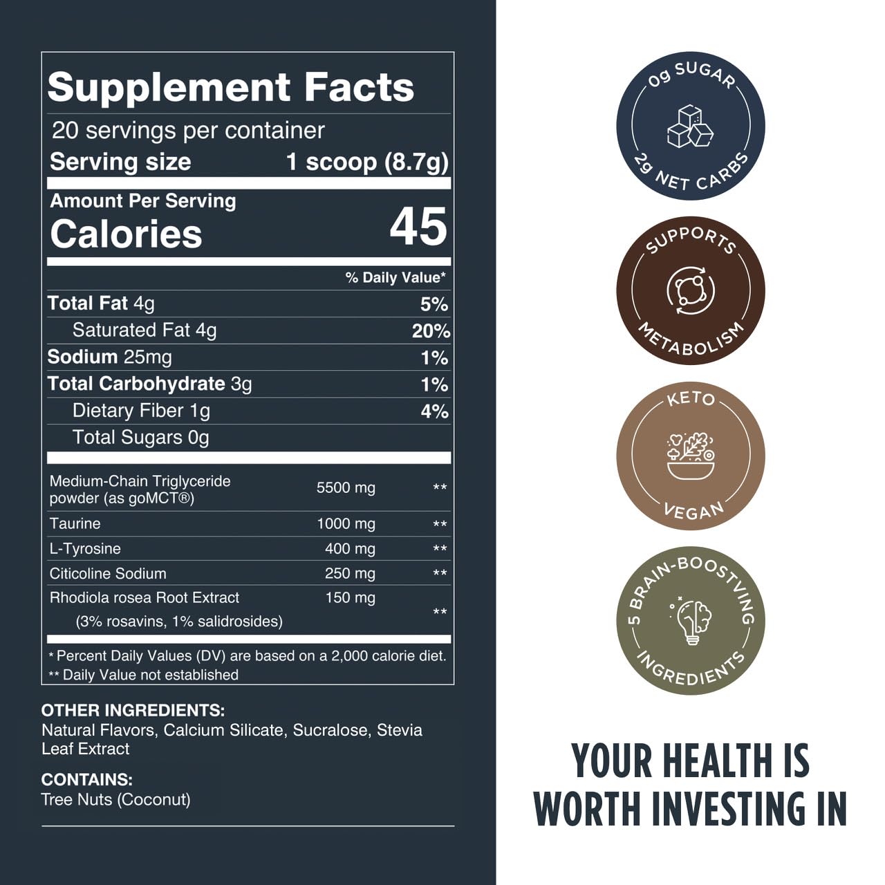 Close-up of ingredients: MCT, Rhodiola Rosea, Tyrosine, Taurine
