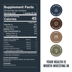 Close-up of ingredients: MCT, Rhodiola Rosea, Tyrosine, Taurine