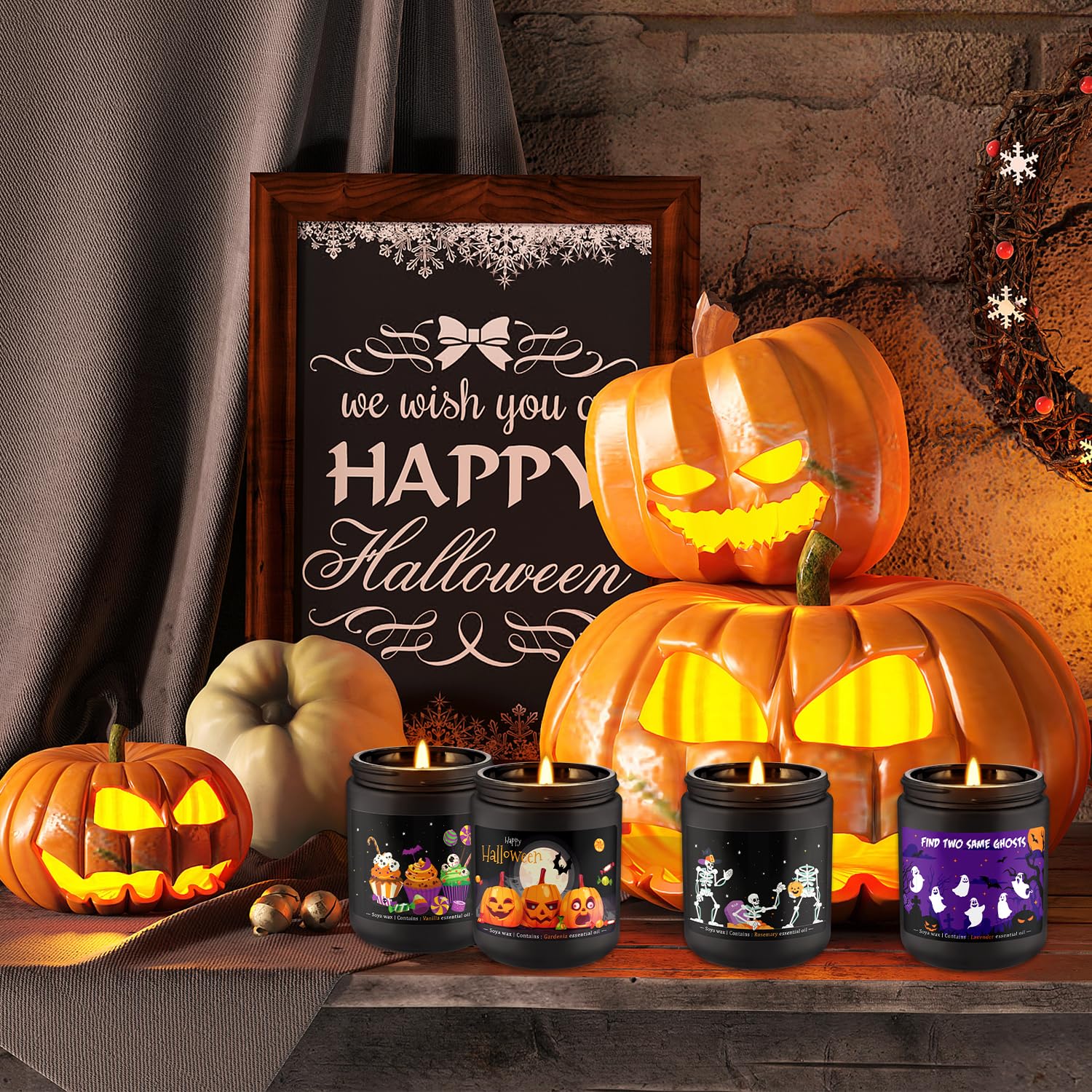 Lifestyle shot of Halloween candle setup for home