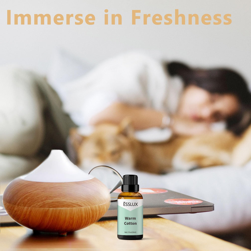 Lifestyle scene featuring Warm Cotton fragrance oil in a diffuser
