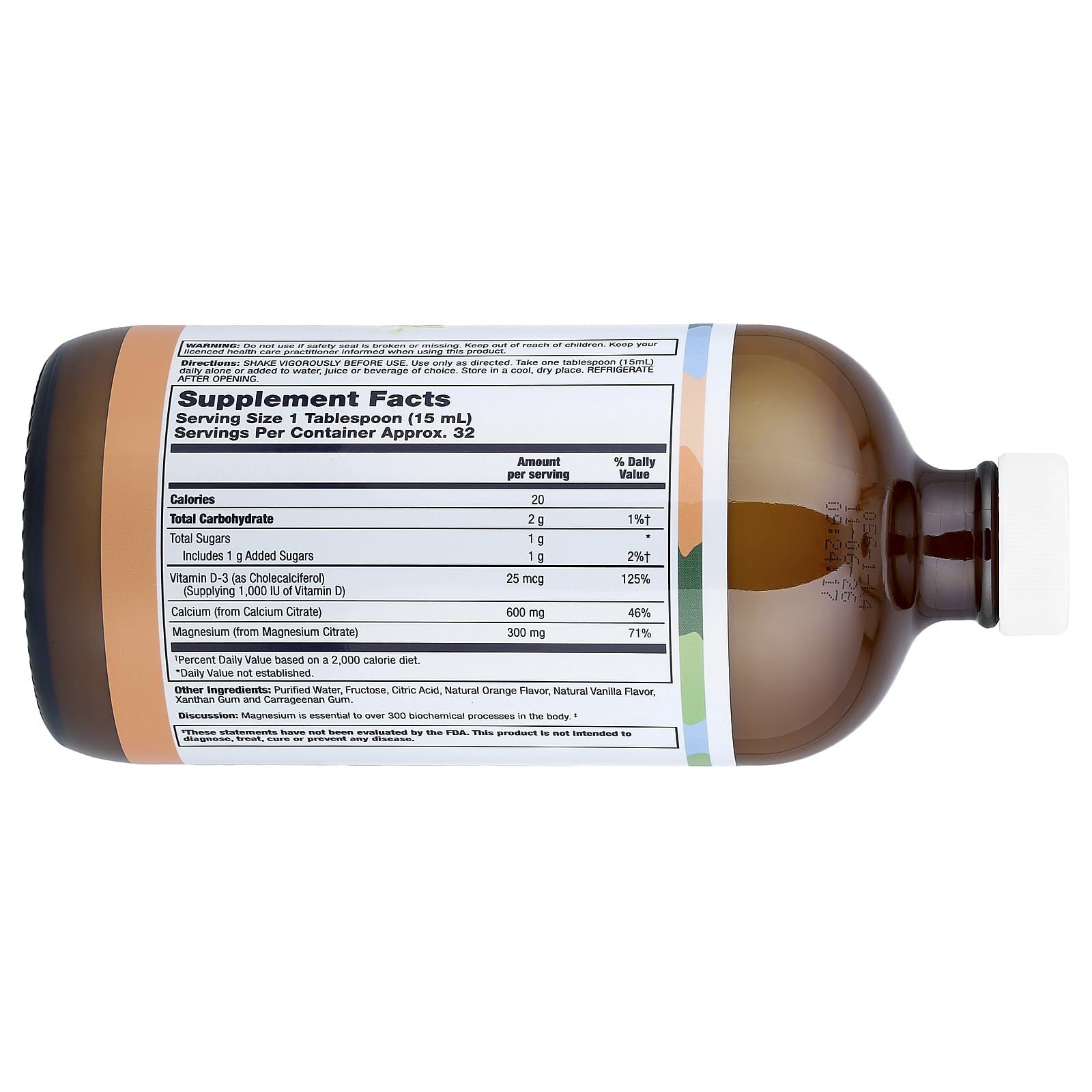 Close-up of LifeTime Calcium Magnesium Citrate formula bottle label showing orange vanilla flavor