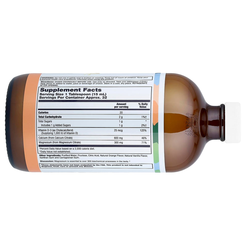 Close-up of LifeTime Calcium Magnesium Citrate formula bottle label showing orange vanilla flavor