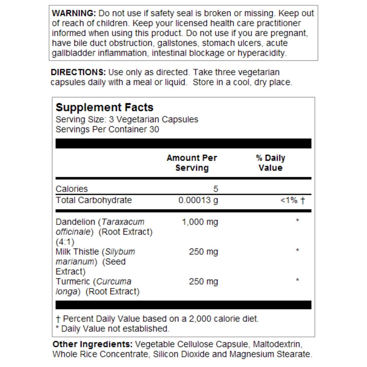 Close-up of ingredients showing Milk Thistle seed extract, Dandelion root, and Turmeric
