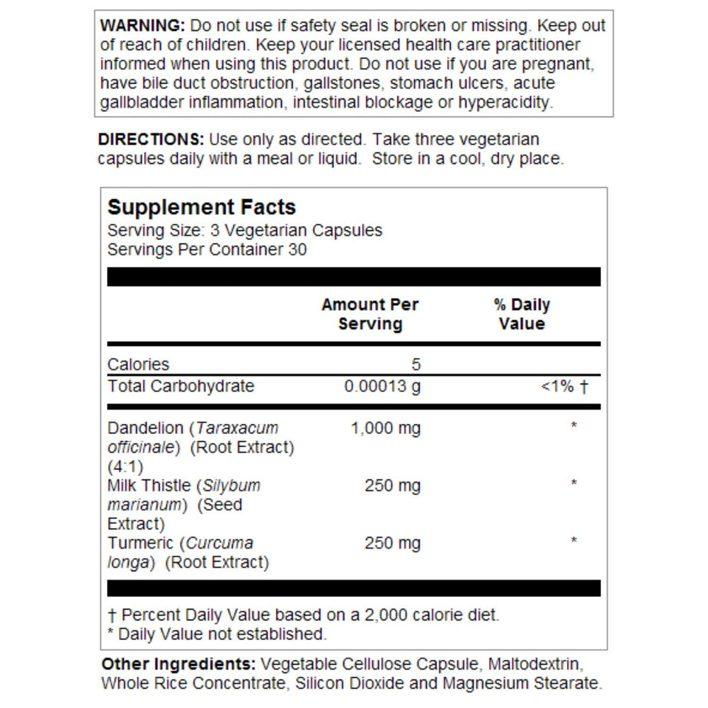 Close-up of ingredients showing Milk Thistle seed extract, Dandelion root, and Turmeric