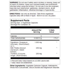 Close-up of ingredients showing Milk Thistle seed extract, Dandelion root, and Turmeric