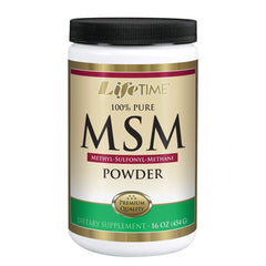 Front label of LIFETIME MSM powder bottle (16 oz, 180 servings)