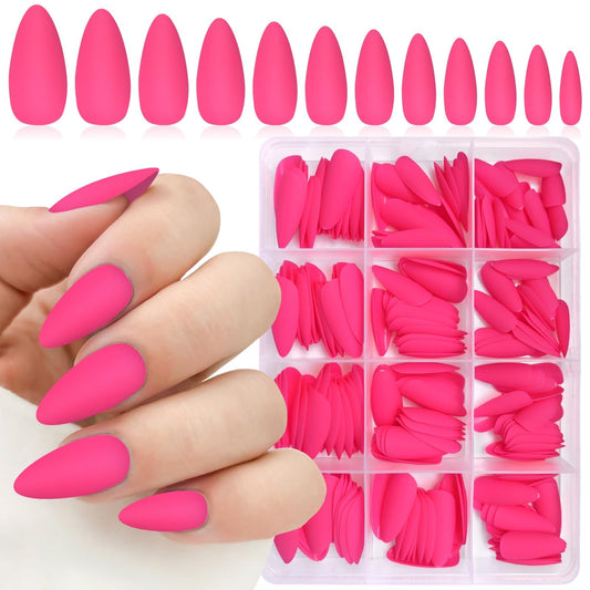 Lifextol 240pc almond press-on nails in hot pink matte finish for quick manicures