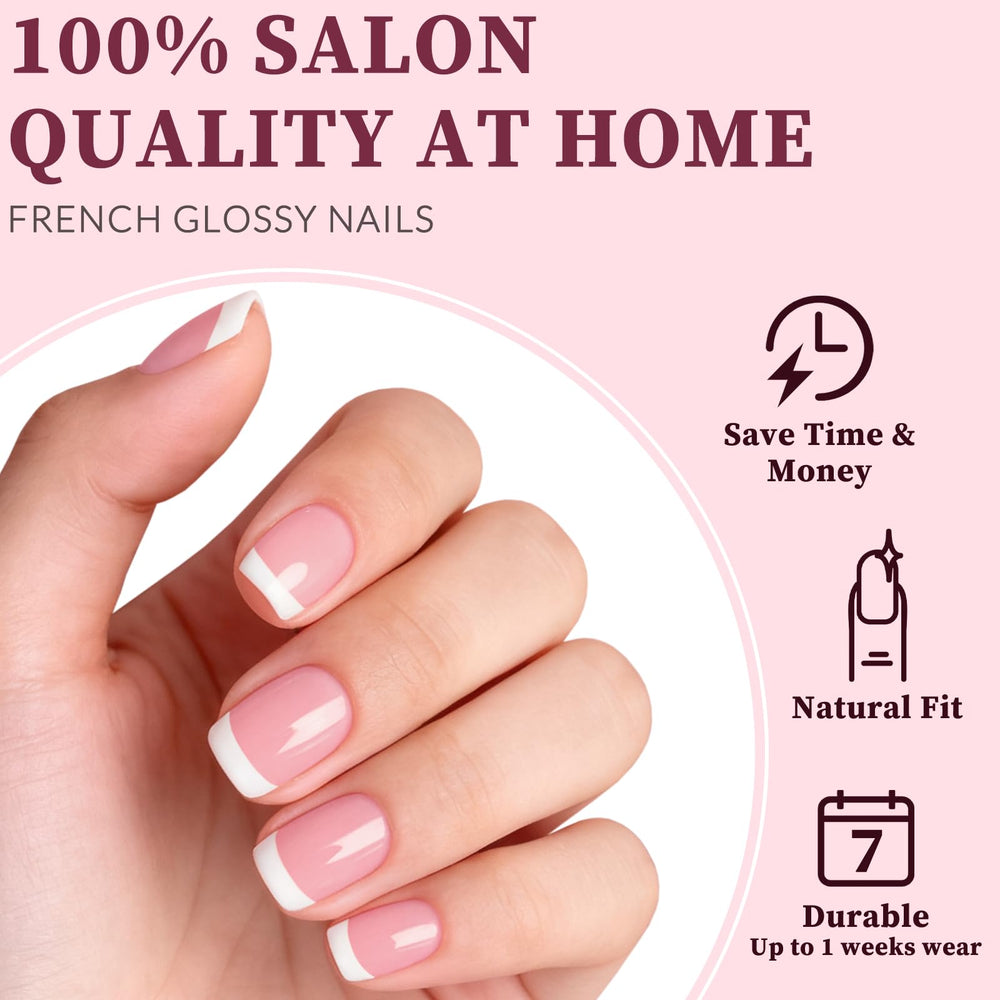 Lifextol pink-base short square nails with white tips for salon-like finish.