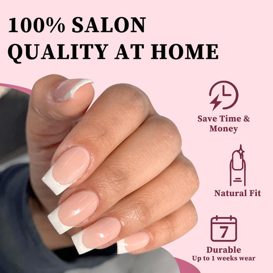 Lifextol short square nails with pink base, delivering a salon-like look.