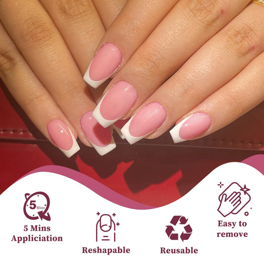 Lifextol white French-tip press-on nails on pink base for DIY manicure